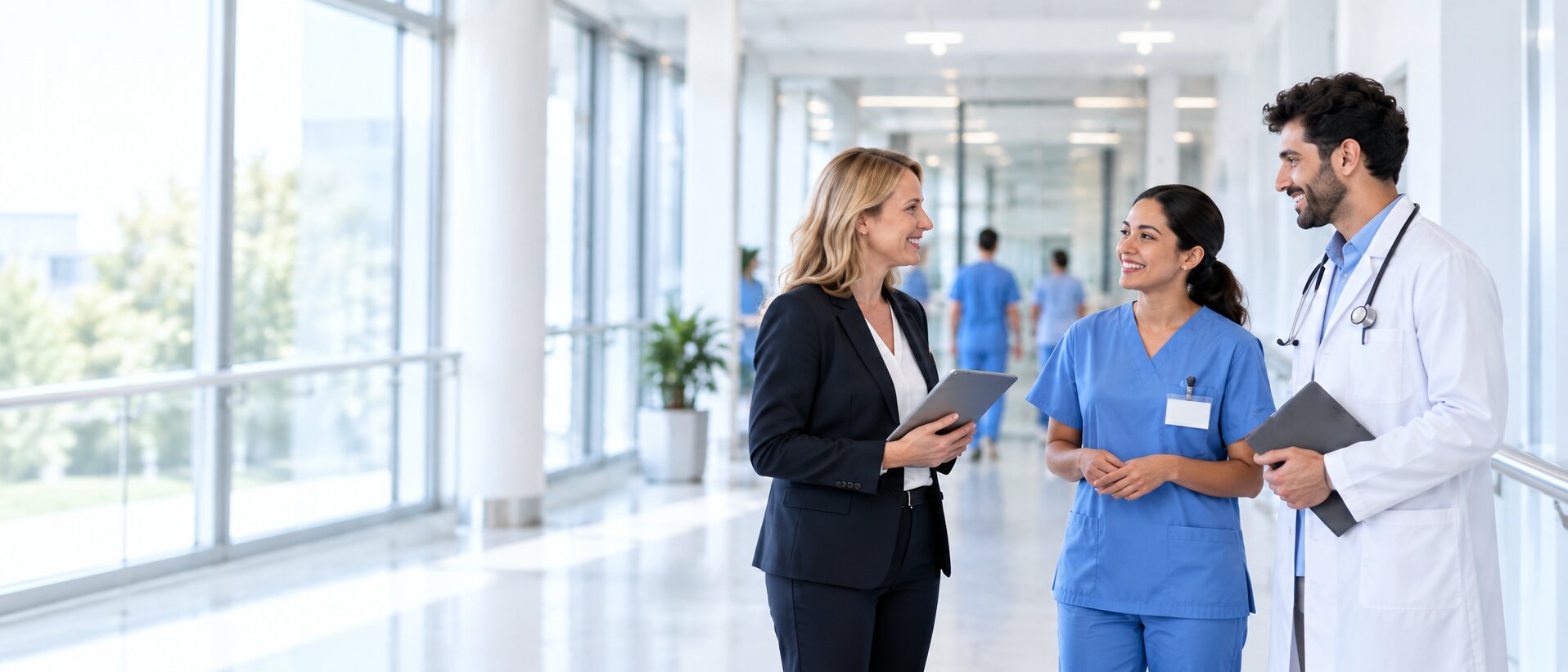 Internationale Gesundheitsfachkräfte im Gespräch mit ihrer Ansprechpartnerin