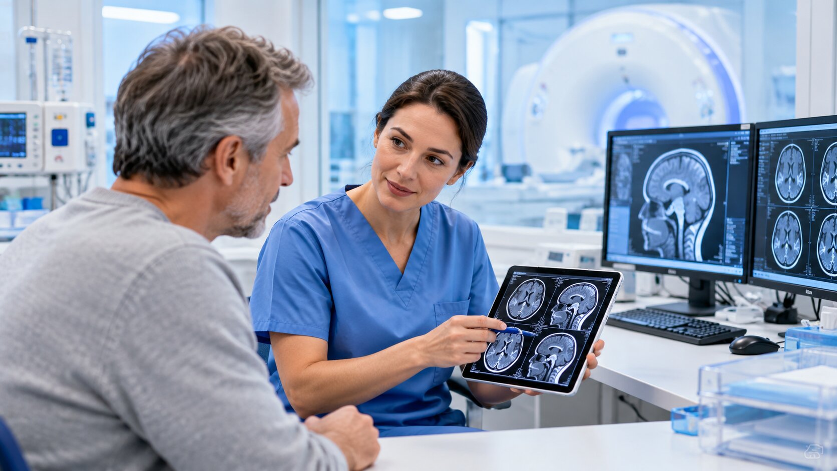 MT-Fachkraft erläutert eine radiologische Untersuchung