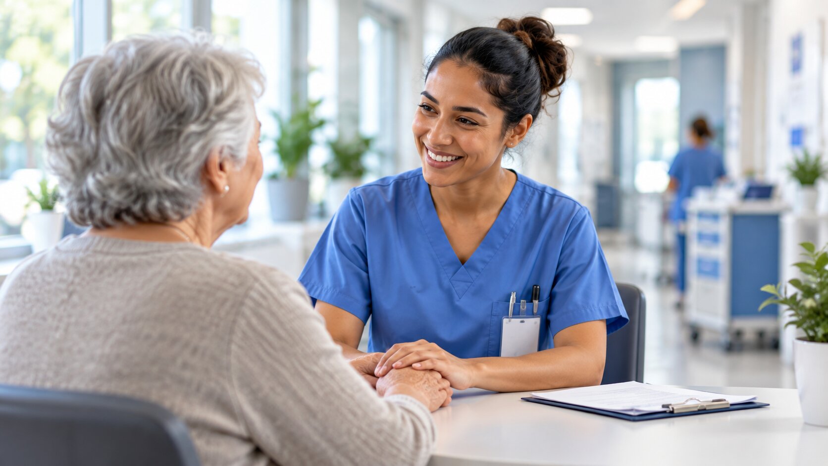 Pflegefachkraft im Gespräch mit einer Patientin