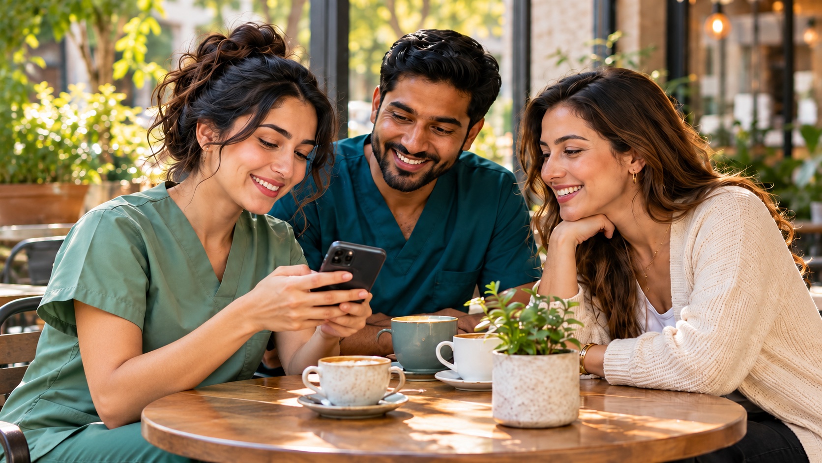 Drei Freunde sprechen gemeinsam über eine Empfehlung im Medeed MedPortal