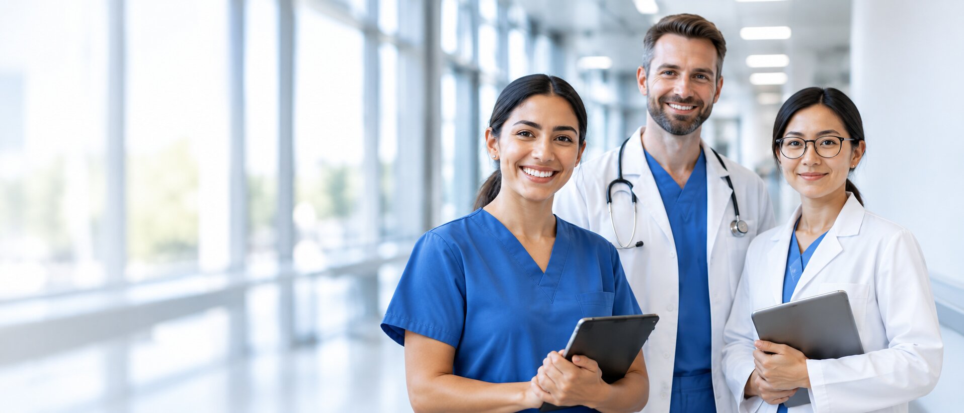 Drei internationale Gesundheitsfachkräfte in einer Klinik