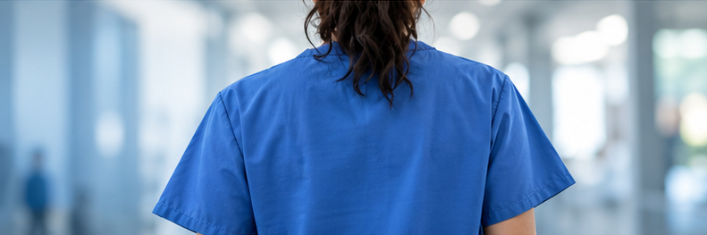 Gesundheitsfachkraft in blauer Berufskleidung