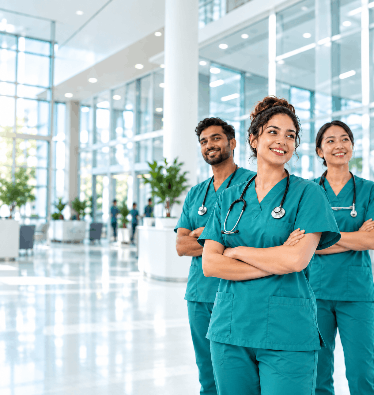 Internationales Pflegeteam in grüner Berufskleidung in einem hellen Krankenhaus.